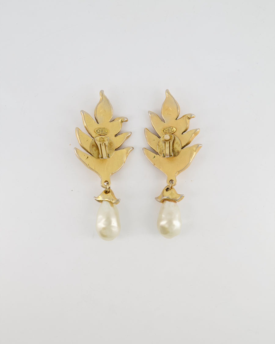 Chanel 2003 Vintage Large Brushed Gold Clip On Leaf Earrings with Pendant Pearl