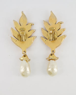 Chanel 2003 Vintage Large Brushed Gold Clip On Leaf Earrings with Pendant Pearl