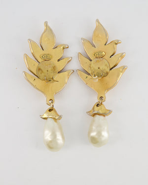 Chanel 2003 Vintage Large Brushed Gold Clip On Leaf Earrings with Pendant Pearl