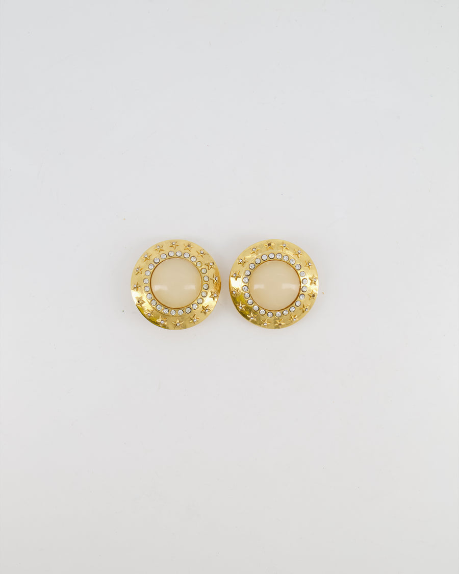 Chanel 2003 Vintage Gold Large Round Clip On Earrings with Beige Stone, Stars and Crystal Embellishments