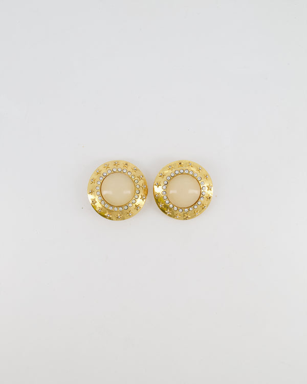Chanel 2003 Vintage Gold Large Round Clip On Earrings with Beige Stone, Stars and Crystal Embellishments