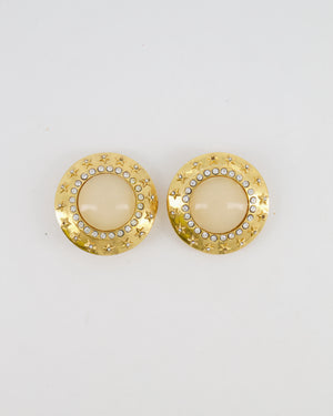 Chanel 2003 Vintage Gold Large Round Clip On Earrings with Beige Stone, Stars and Crystal Embellishments