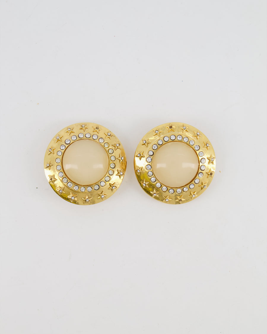 Chanel 2003 Vintage Gold Large Round Clip On Earrings with Beige Stone, Stars and Crystal Embellishments