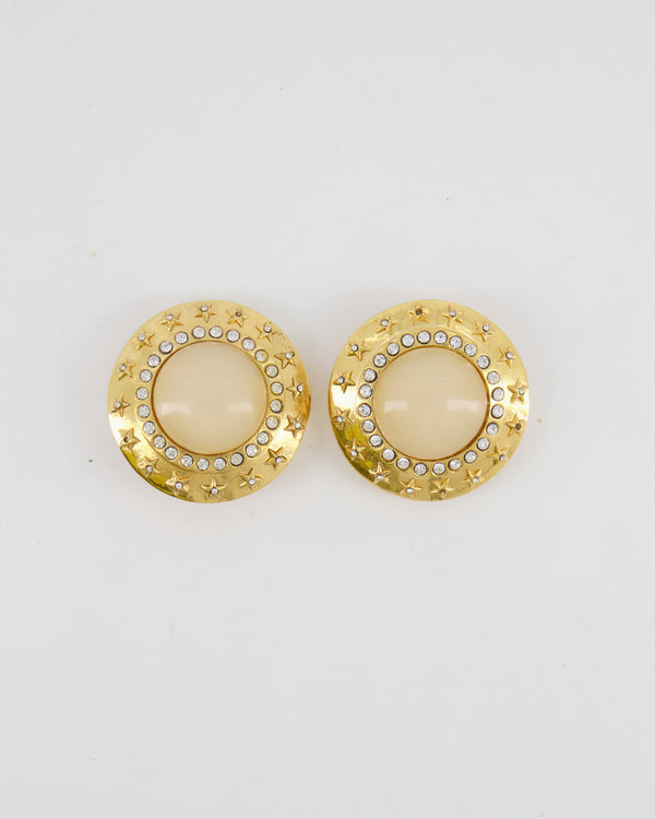 Chanel 2003 Vintage Gold Large Round Clip On Earrings with Beige Stone, Stars and Crystal Embellishments