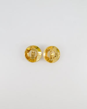 Chanel 2003 Vintage Gold Large Round Clip On Earrings with Beige Stone, Stars and Crystal Embellishments