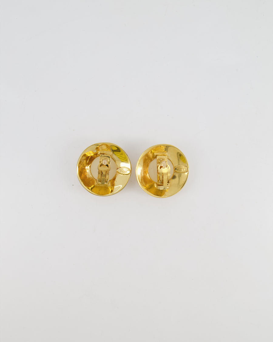 Chanel 2003 Vintage Gold Large Round Clip On Earrings with Beige Stone, Stars and Crystal Embellishments