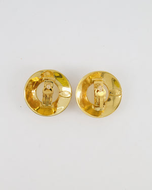 Chanel 2003 Vintage Gold Large Round Clip On Earrings with Beige Stone, Stars and Crystal Embellishments