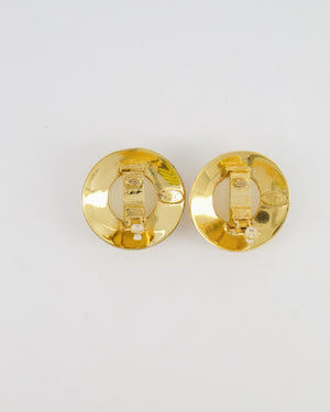 Chanel 2003 Vintage Gold Large Round Clip On Earrings with Beige Stone, Stars and Crystal Embellishments