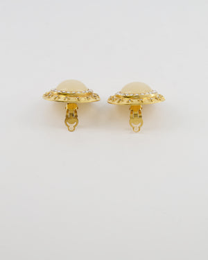 Chanel 2003 Vintage Gold Large Round Clip On Earrings with Beige Stone, Stars and Crystal Embellishments