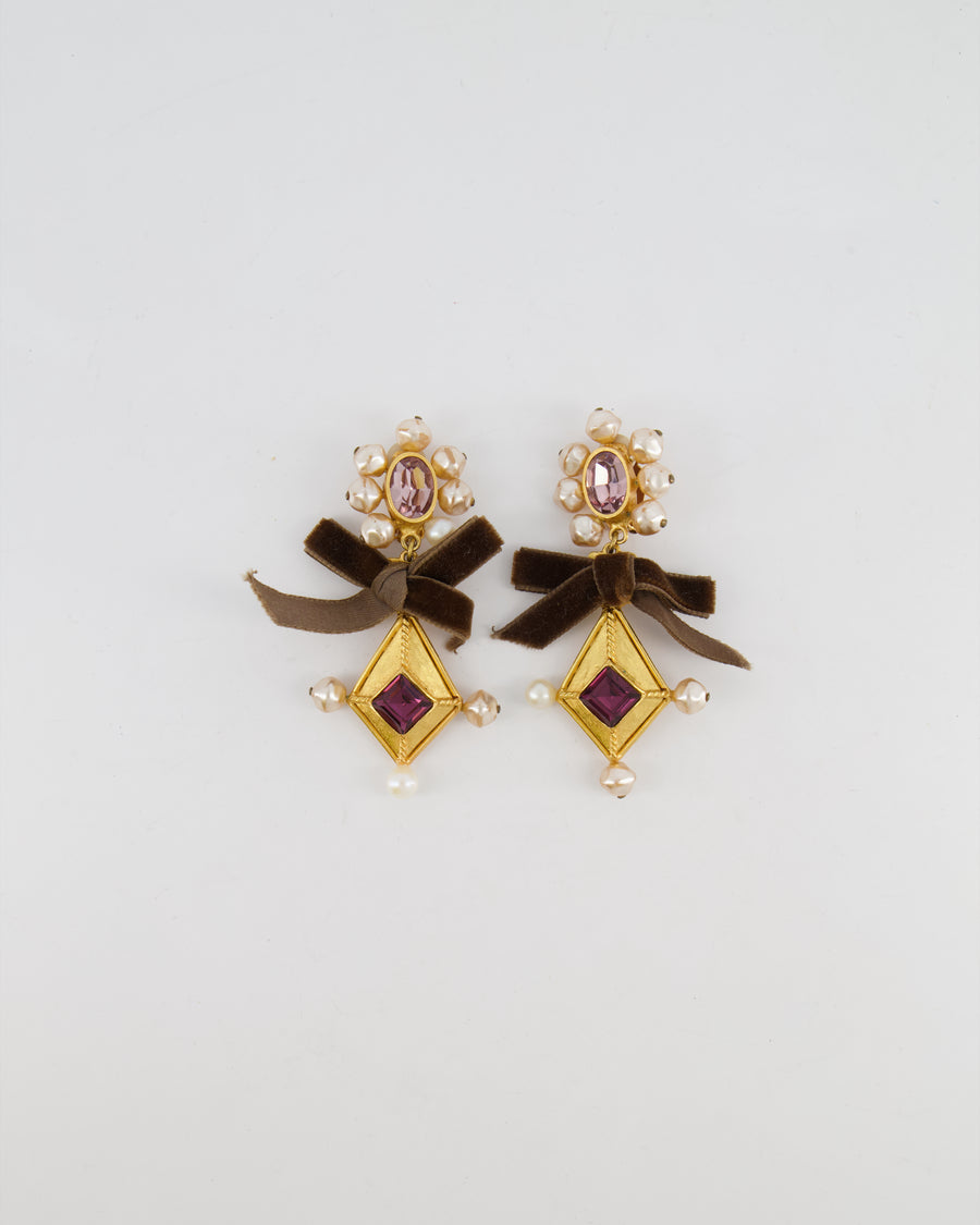 Christian Lacroix Brushed Gold, Pearl and Purple Crystal Embellished Pendant Clip On Earrings with Brown Velvet Bow Detail