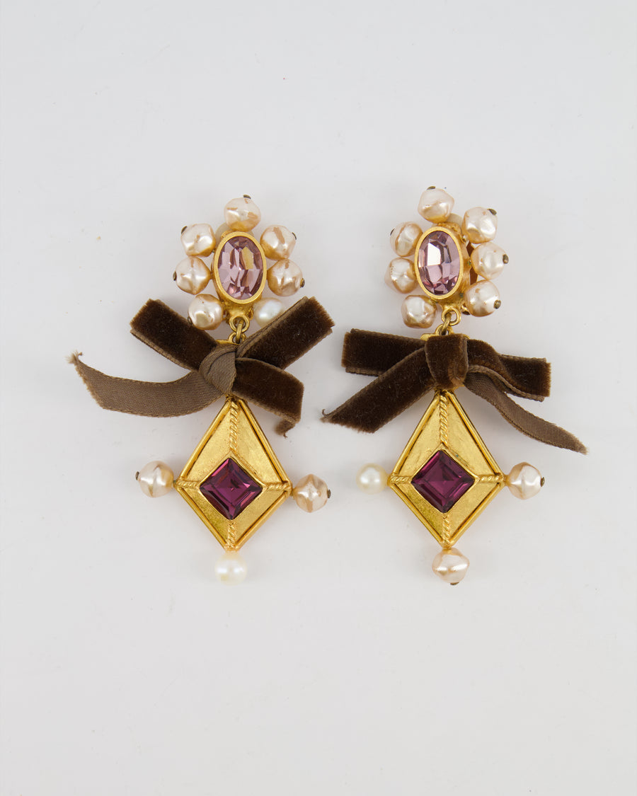 Christian Lacroix Brushed Gold, Pearl and Purple Crystal Embellished Pendant Clip On Earrings with Brown Velvet Bow Detail