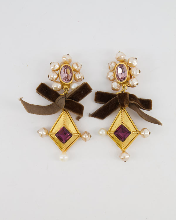 Christian Lacroix Brushed Gold, Pearl and Purple Crystal Embellished Pendant Clip On Earrings with Brown Velvet Bow Detail