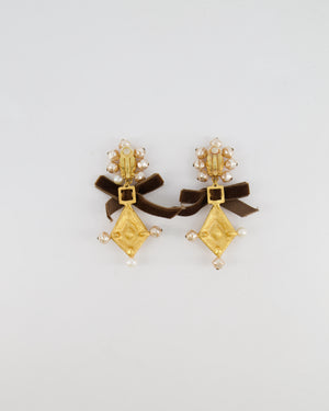 Christian Lacroix Brushed Gold, Pearl and Purple Crystal Embellished Pendant Clip On Earrings with Brown Velvet Bow Detail