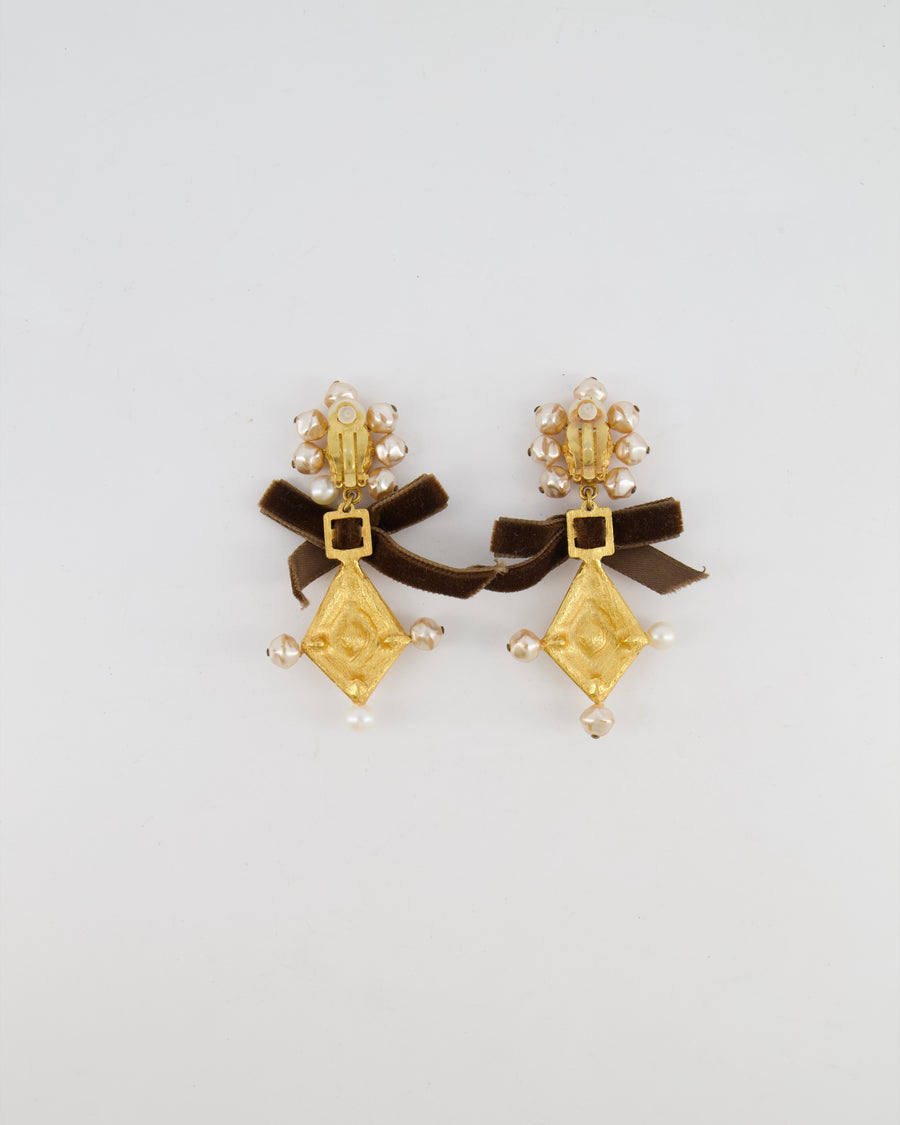 Christian Lacroix Brushed Gold, Pearl and Purple Crystal Embellished Pendant Clip On Earrings with Brown Velvet Bow Detail