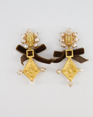 Christian Lacroix Brushed Gold, Pearl and Purple Crystal Embellished Pendant Clip On Earrings with Brown Velvet Bow Detail