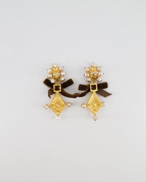 Christian Lacroix Brushed Gold, Pearl and Purple Crystal Embellished Pendant Clip On Earrings with Brown Velvet Bow Detail