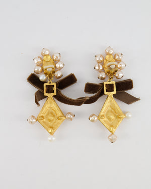Christian Lacroix Brushed Gold, Pearl and Purple Crystal Embellished Pendant Clip On Earrings with Brown Velvet Bow Detail