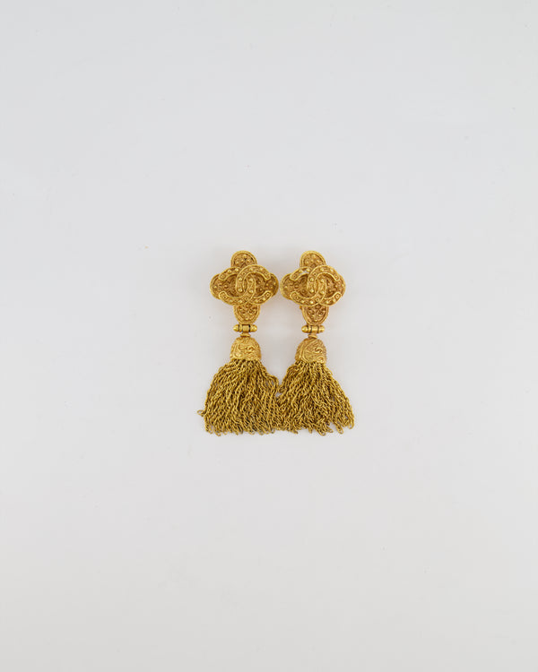 Chanel 91A Vintage Gold CC Logo Pendant Clip On Earrings with Chain Tassel Detail and Embellishments