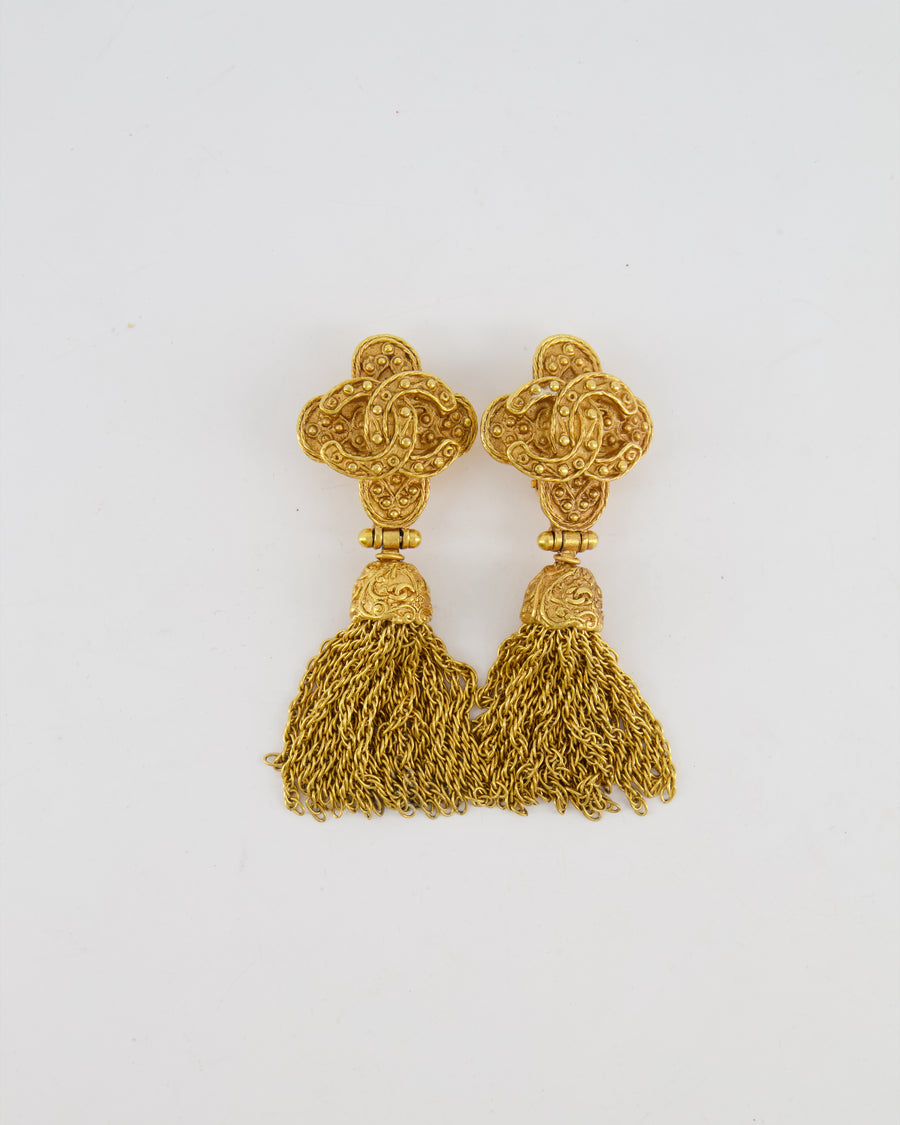 Chanel 91A Vintage Gold CC Logo Pendant Clip On Earrings with Chain Tassel Detail and Embellishments