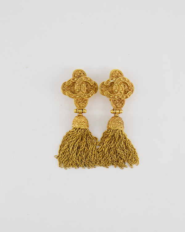 Chanel 91A Vintage Gold CC Logo Pendant Clip On Earrings with Chain Tassel Detail and Embellishments