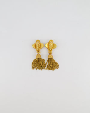 Chanel 91A Vintage Gold CC Logo Pendant Clip On Earrings with Chain Tassel Detail and Embellishments
