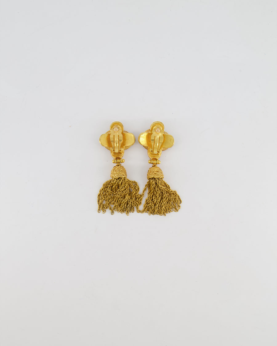 Chanel 91A Vintage Gold CC Logo Pendant Clip On Earrings with Chain Tassel Detail and Embellishments