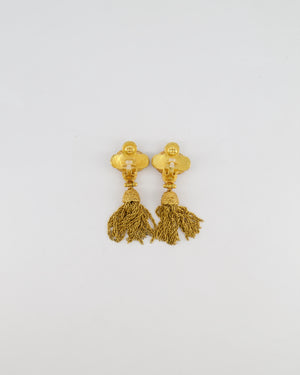 Chanel 91A Vintage Gold CC Logo Pendant Clip On Earrings with Chain Tassel Detail and Embellishments