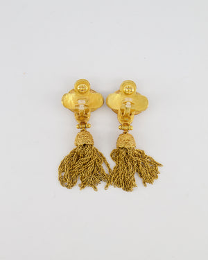 Chanel 91A Vintage Gold CC Logo Pendant Clip On Earrings with Chain Tassel Detail and Embellishments