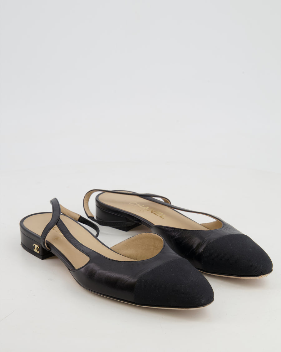 Chanel Black Leather Flat Slingback with Champagne Gold CC Logo Detail Size EU 38C