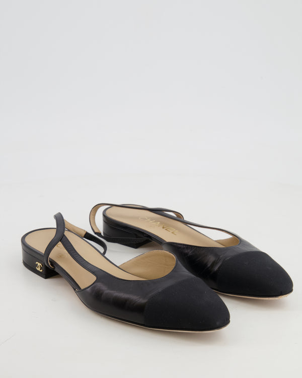 Chanel Black Leather Flat Slingback with Champagne Gold CC Logo Detail Size EU 38C