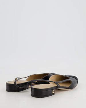 Chanel Black Leather Flat Slingback with Champagne Gold CC Logo Detail Size EU 38C