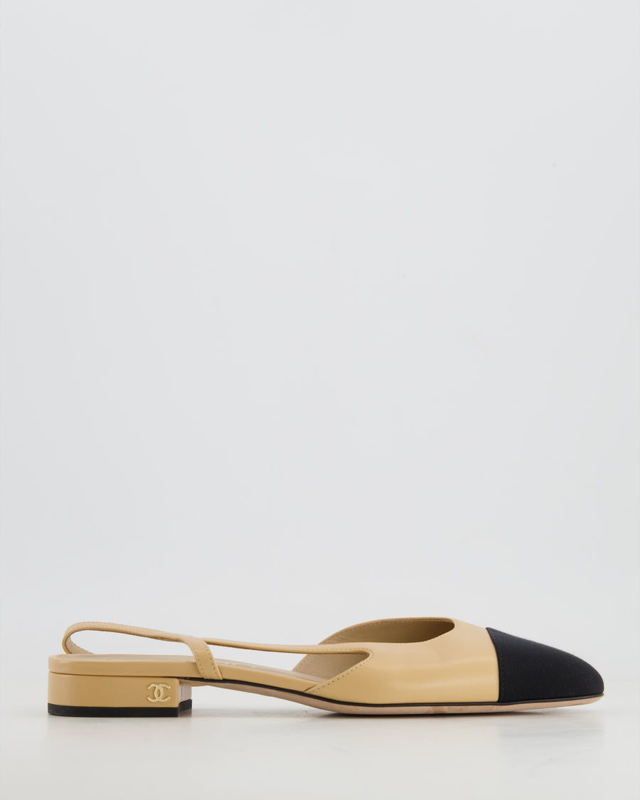 Chanel Beige Leather Flat Slingback with Champagne Gold CC Logo Detail Size EU 38 C
