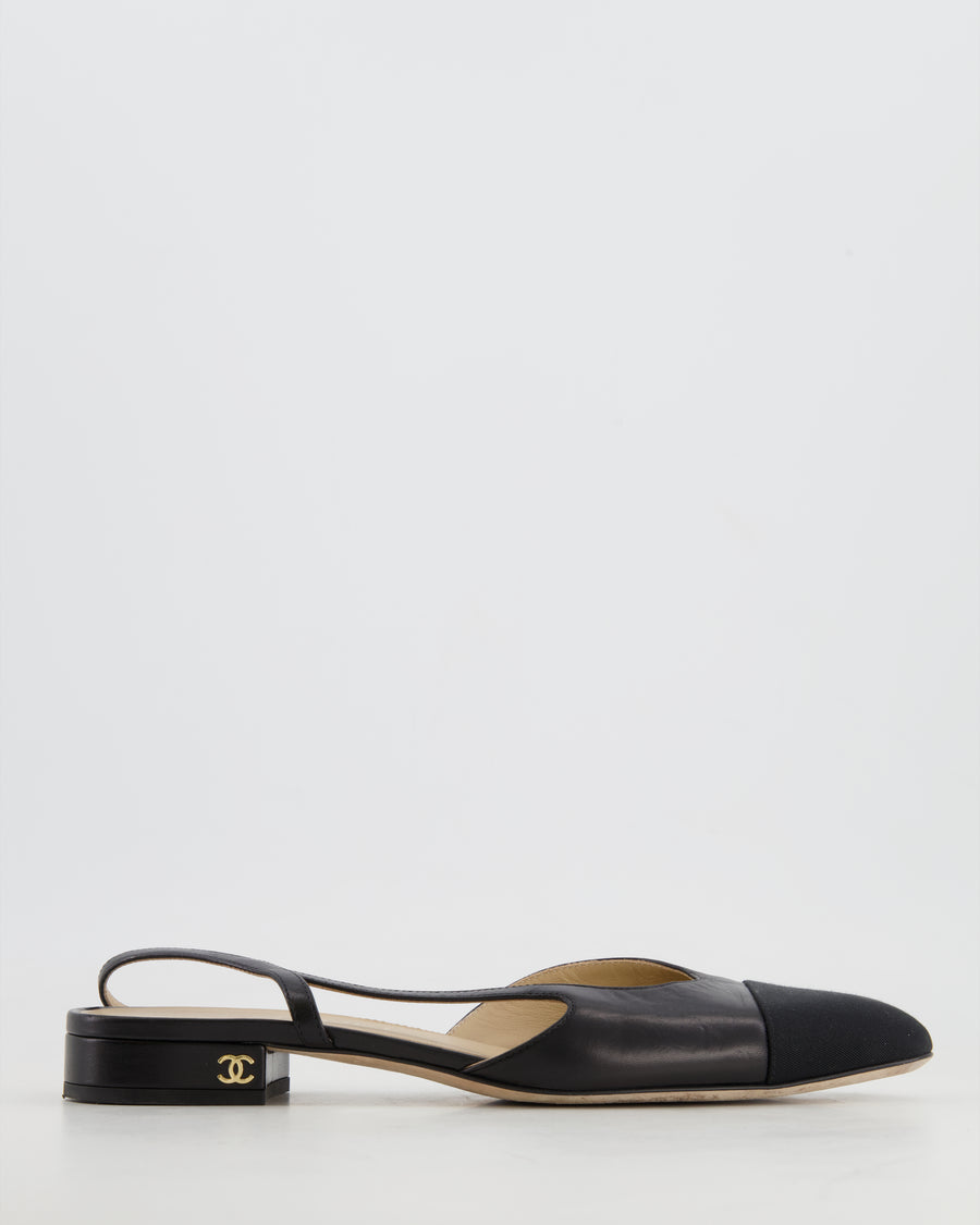 Chanel Black Leather Flat Slingback with Champagne Gold CC Logo Detail Size EU 38C