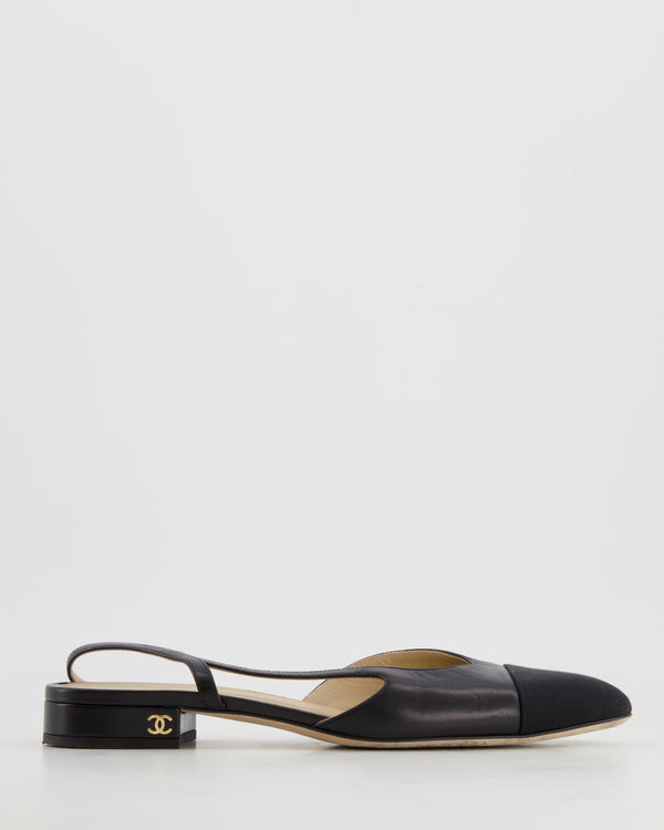 Chanel Black Leather Flat Slingback with Champagne Gold CC Logo Detail Size EU 38C