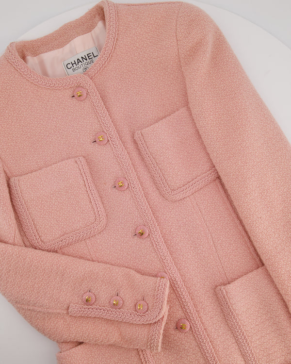 Chanel 93C Pink Tweed Skirt and Jacket Set with Logo Buttons and Pocket Detail FR 38 (UK 10)