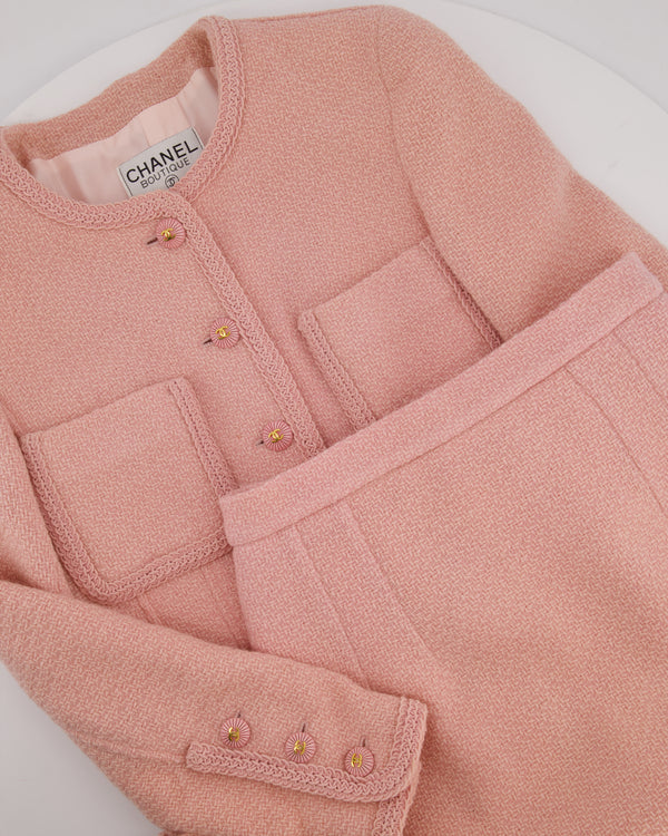 Chanel 93C Pink Tweed Skirt and Jacket Set with Logo Buttons and Pocket Detail FR 38 (UK 10)