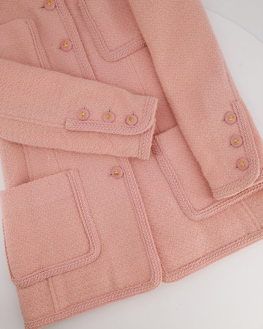 Chanel 93C Pink Tweed Skirt and Jacket Set with Logo Buttons and Pocket Detail FR 38 (UK 10)