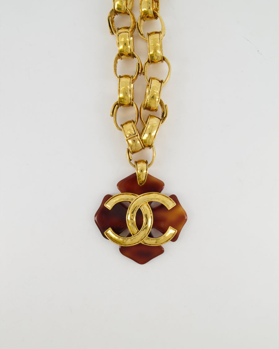 Chanel 94P Vintage Gold Chain Necklace with Large Brown Flower and CC Logo