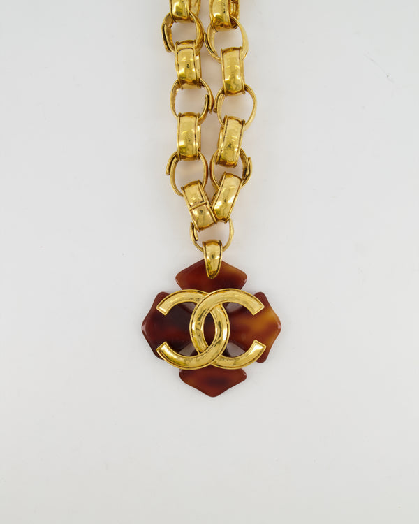 Chanel 94P Vintage Gold Chain Necklace with Large Brown Flower and CC Logo