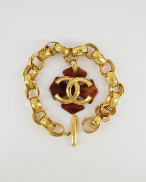 Chanel 94P Vintage Gold Chain Necklace with Large Brown Flower and CC Logo