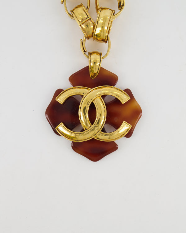 Chanel 94P Vintage Gold Chain Necklace with Large Brown Flower and CC Logo