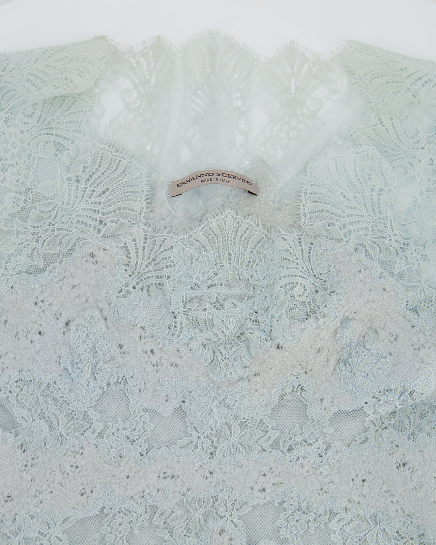 Ermanno Scervino Sky Blue Lace Top with Wool Appliqué Size IT 40 (UK 12)