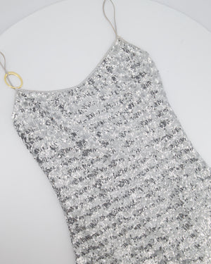 Oséree Silver Sequin Pailettes Maxi Dress with Gold Ring Strap Detail and Side Slit Size L (UK 12)