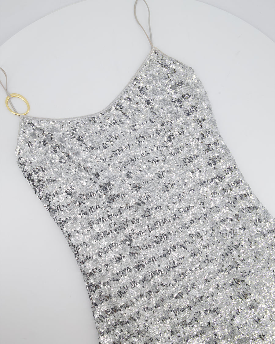Oséree Silver Sequin Pailettes Maxi Dress with Gold Ring Strap Detail and Side Slit Size L (UK 12)