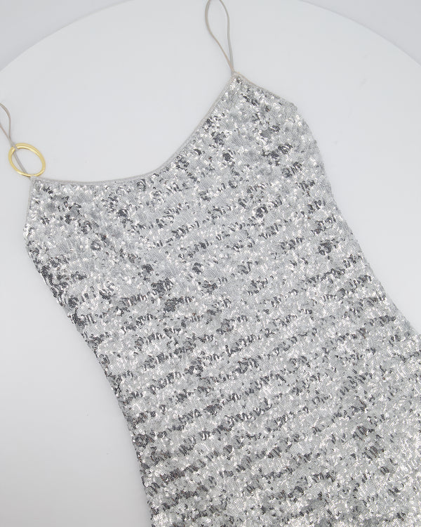 Oséree Silver Sequin Pailettes Maxi Dress with Gold Ring Strap Detail and Side Slit Size L (UK 12)
