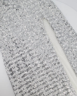 Oséree Silver Sequin Pailettes Maxi Dress with Gold Ring Strap Detail and Side Slit Size L (UK 12)