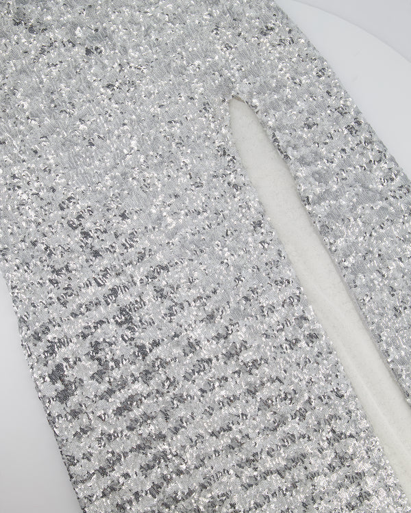 Oséree Silver Sequin Pailettes Maxi Dress with Gold Ring Strap Detail and Side Slit Size L (UK 12)