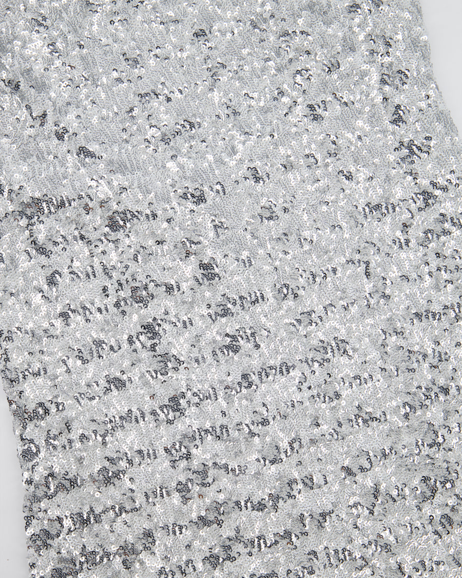 Oséree Silver Sequin Pailettes Maxi Dress with Gold Ring Strap Detail and Side Slit Size L (UK 12)
