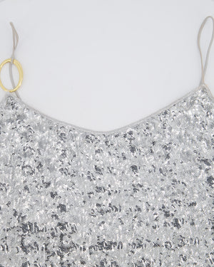 Oséree Silver Sequin Pailettes Maxi Dress with Gold Ring Strap Detail and Side Slit Size L (UK 12)