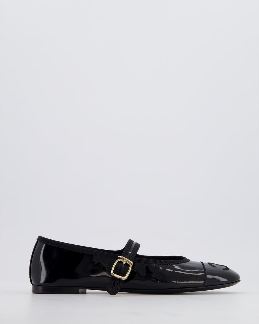 Chanel Black Mary Jane Ballerina Shoes in Patent Leather with Strap Detail and Gold Hardware Size EU 39.5